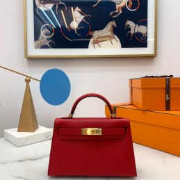 Mini Kelly Red Leather Gold...