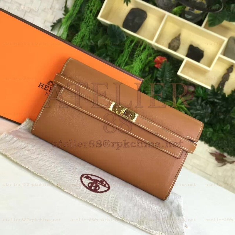 Tan Brown Kelly Wallet Gold Hardware