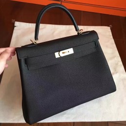 Black Kelly 28 Smooth Leather Gold Hardware Bag