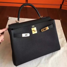 Black Kelly 28 Smooth Leather Gold Hardware Bag