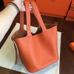 Orange Brown Picotin Lock 22 Smooth Leather Bag