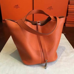 Orange Brown Picotin Lock 22 Smooth Leather Bag