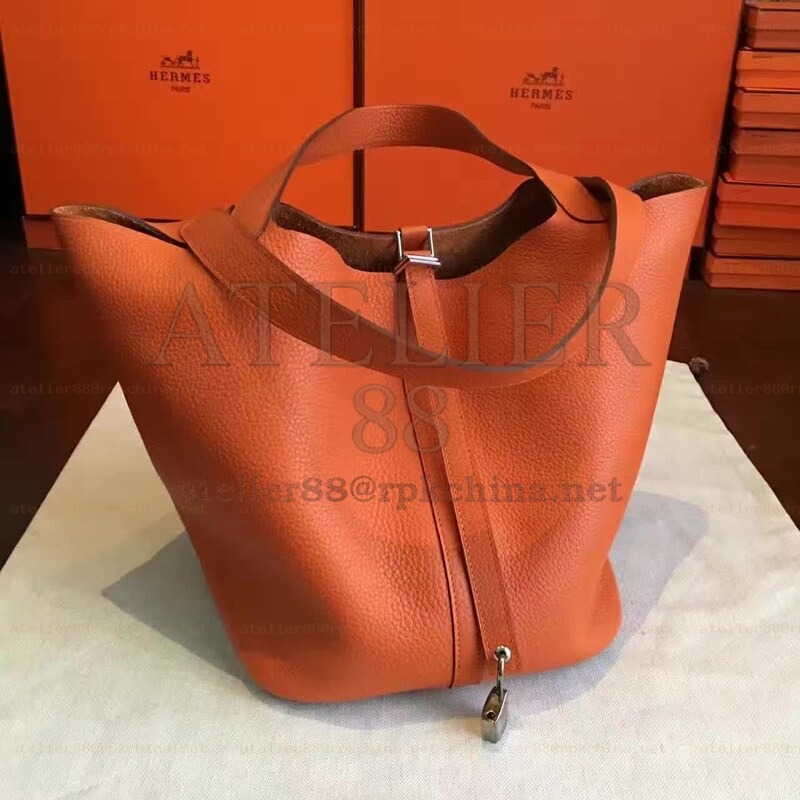 Orange Brown Picotin Lock 22 Smooth Leather Bag