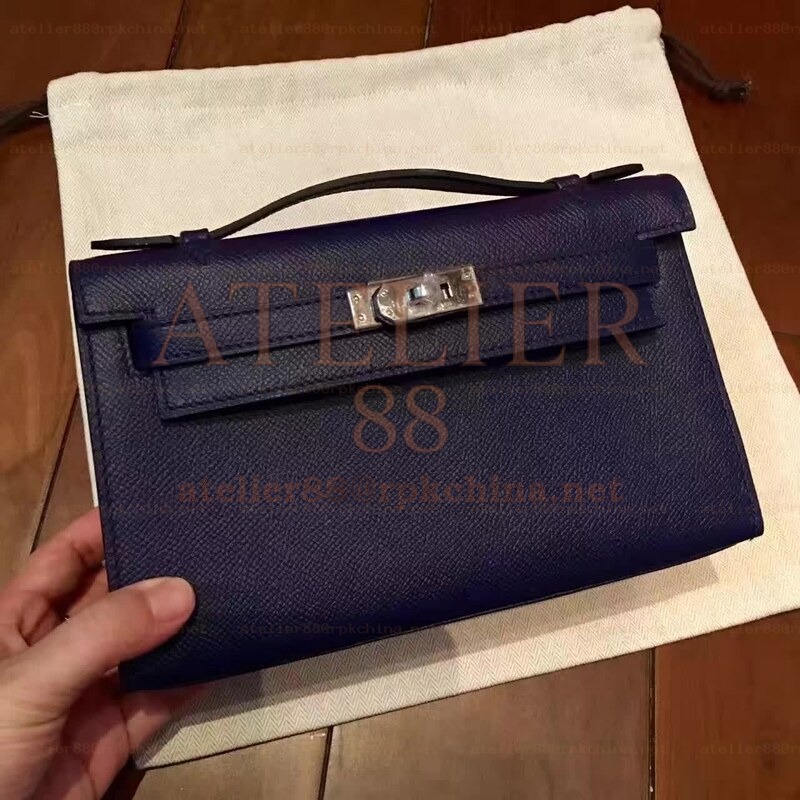 Navy Blue Kelly Pochette Palladium Hardware Bag