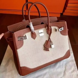 Canvas Brown Birkin 35 Palladium Hardware Bag