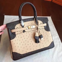 Beige Black Ostrich Leather Birkin 30 Gold Hardware Bag