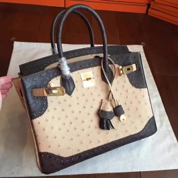 Beige Black Ostrich Leather Birkin 30 Gold Hardware Bag