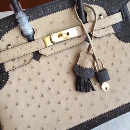 Beige Black Ostrich Leather Birkin 30 Gold Hardware Bag