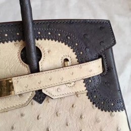 Beige Black Ostrich Leather Birkin 30 Gold Hardware Bag