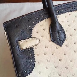 Beige Black Ostrich Leather Birkin 30 Gold Hardware Bag