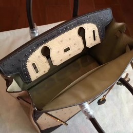 Beige Black Ostrich Leather Birkin 30 Gold Hardware Bag