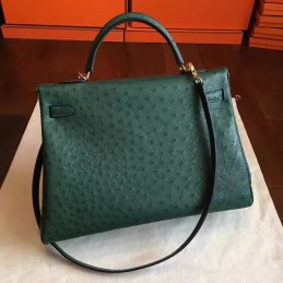Green Ostrich Leather Kelly 35 Gold Hardware Bag