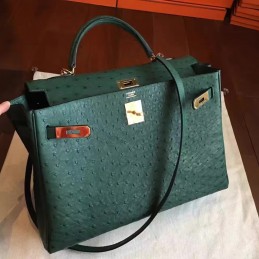 Green Ostrich Leather Kelly 35 Gold Hardware Bag