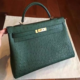 Green Ostrich Leather Kelly 35 Gold Hardware Bag