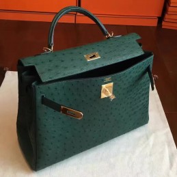 Green Ostrich Leather Kelly 35 Gold Hardware Bag