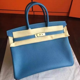 Blue Beige Birkin 35 Palladium Hardware Bag