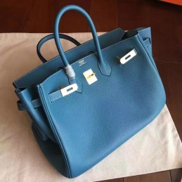 Blue Beige Birkin 35 Palladium Hardware Bag