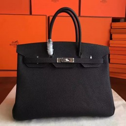 Black Textured Leather Birkin 35 Palladium Hardware Bag