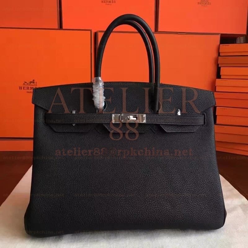 Black Textured Leather Birkin 35 Palladium Hardware Bag