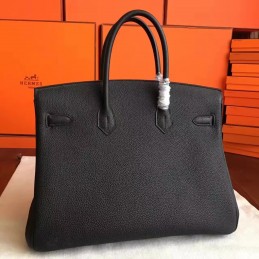 Black Textured Leather Birkin 35 Palladium Hardware Bag