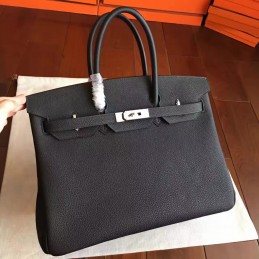 Black Textured Leather Birkin 35 Palladium Hardware Bag