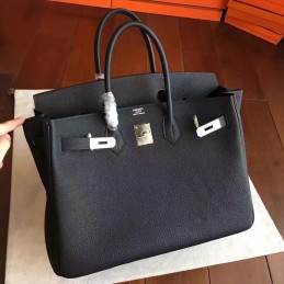Black Textured Leather Birkin 35 Palladium Hardware Bag