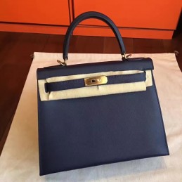Navy Beige Kelly 28 Gold Hardware Bag