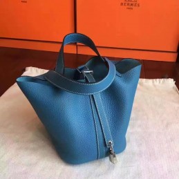 Blue Picotin Lock 13 Smooth Leather Bag