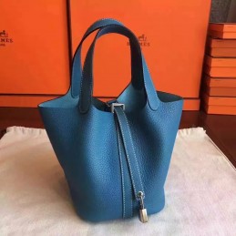 Blue Picotin Lock 13 Smooth Leather Bag