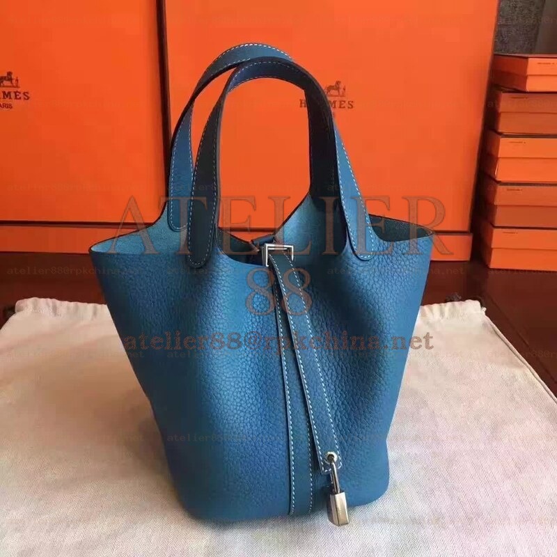 Blue Picotin Lock 13 Smooth Leather Bag
