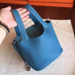 Blue Picotin Lock 13 Smooth Leather Bag