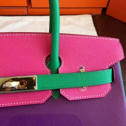 Purple Green Colorblock Birkin 30 Gold Hardware Bag