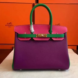 Purple Green Colorblock Birkin 30 Gold Hardware Bag