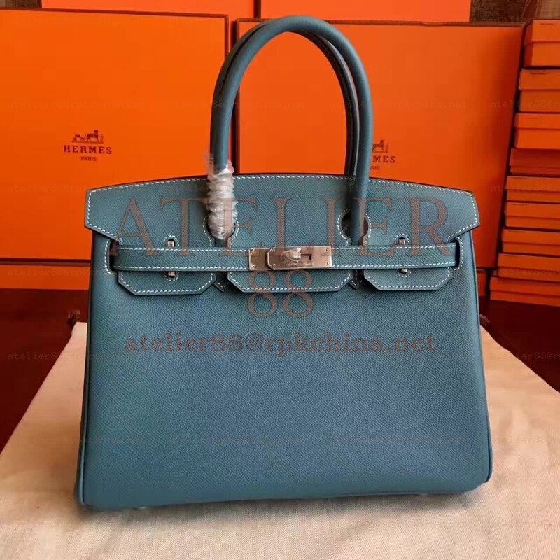 Blue Gray Birkin 30 Palladium Hardware Bag
