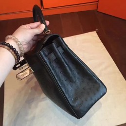 Black Ostrich Leather Kelly 32 Gold Hardware Bag
