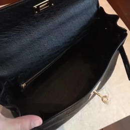 Black Ostrich Leather Kelly 32 Gold Hardware Bag