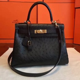 Black Ostrich Leather Kelly 32 Gold Hardware Bag