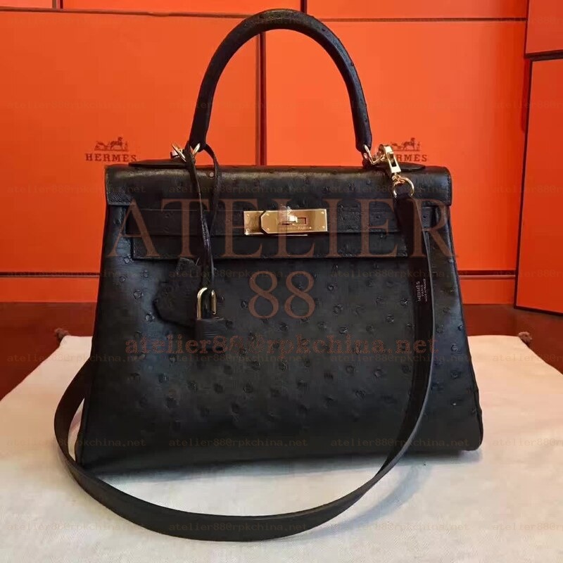 Black Ostrich Leather Kelly 32 Gold Hardware Bag
