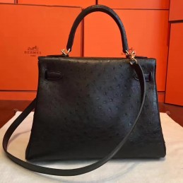 Black Ostrich Leather Kelly 32 Gold Hardware Bag