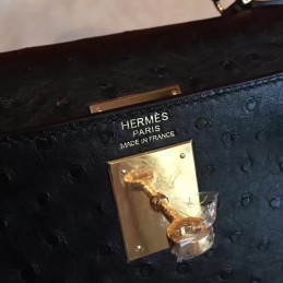 Black Ostrich Leather Kelly 32 Gold Hardware Bag