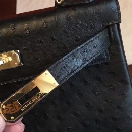 Black Ostrich Leather Kelly 32 Gold Hardware Bag