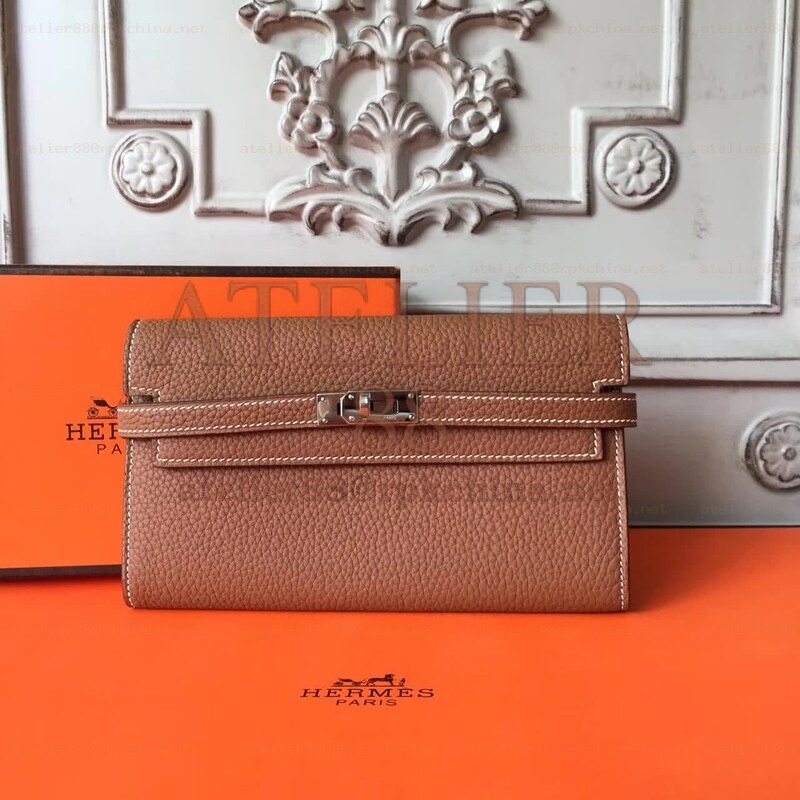 Brown Pebbled Kelly Wallet Silver Hardware