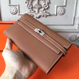 Brown Pebbled Kelly Wallet Silver Hardware