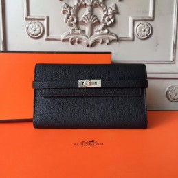 Black Pebbled Kelly Wallet Silver Hardware