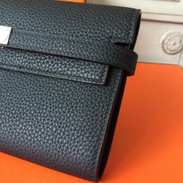 Black Pebbled Kelly Wallet Silver Hardware