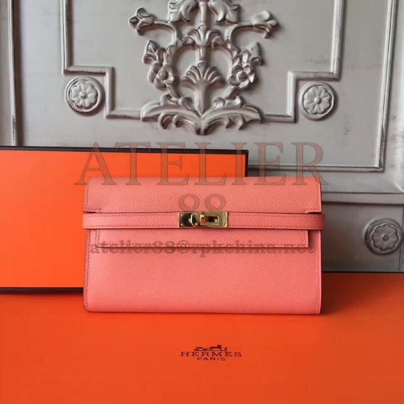 Coral Pink Kelly Wallet Gold Hardware