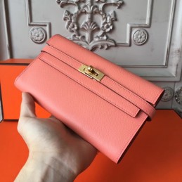 Coral Pink Kelly Wallet Gold Hardware