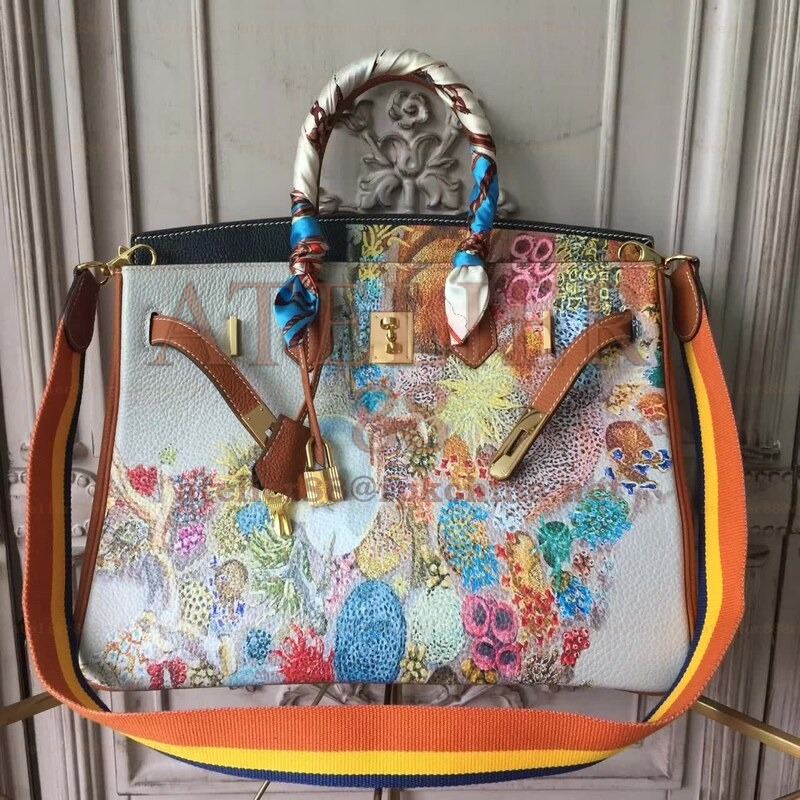 White Multicolor Print Birkin 35 Bag