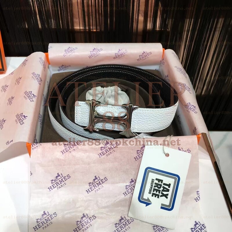 White Reversible Black H Buckle Leather Belt