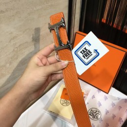 Orange Leather H Buckle Belt